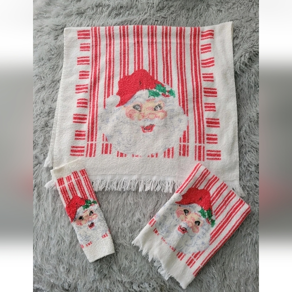Vintage R.A. Briggs Christmas Bath Hand Towels Set 3 Santa Face Striped Fringe
